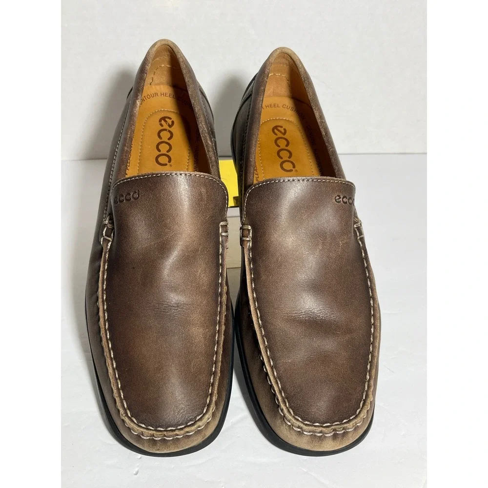 ECCO Mens Brown Leather Handsewn Loafers Slip On Driving Shoes Size 43 9 9.5